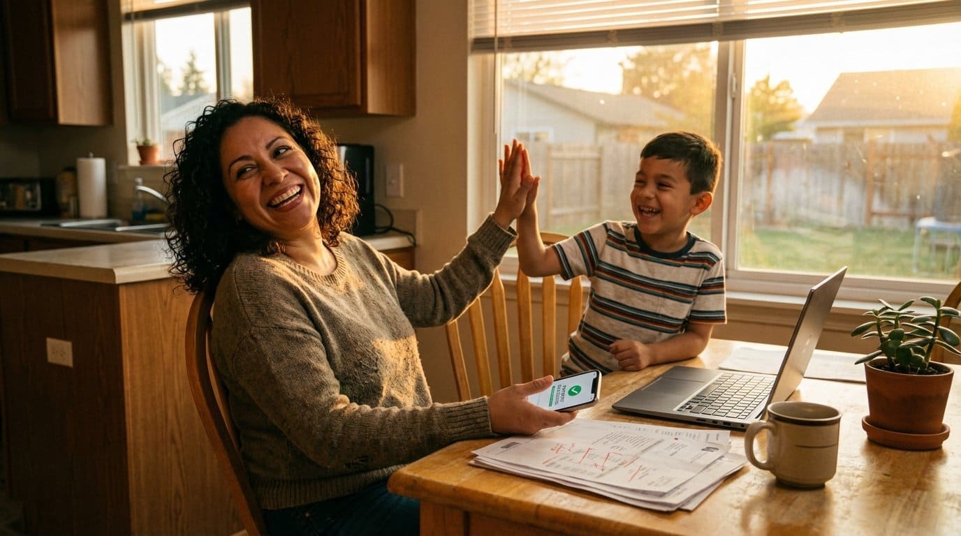 Maria and her son celebrating